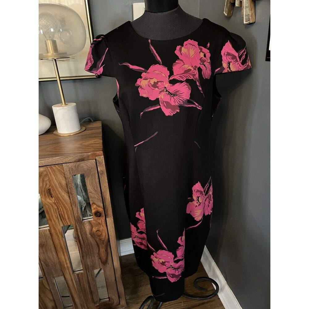 Betsey Johnson Black Hot Pink Iris Floral Cocktail Dress Flattering Cut Sz 14